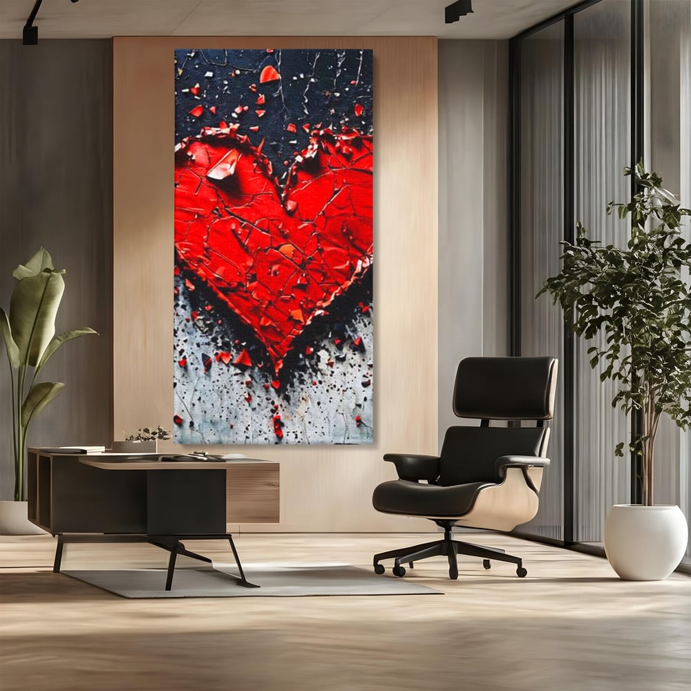 Tablou canvas cu tablou canvas cu o inima rosie crapata, fara rama, pe sasiu de lemn, pe perete intr-un birou